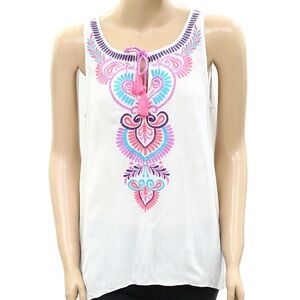 NWT Lilly Pulitzer Jackie Top w/ Pink Purple and Blue Embroidery and tassels XS